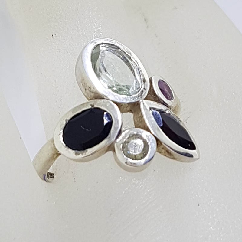 Sterling Silver Multi-Colour Gemstones Unusual Cluster Ring with Onyx, Citrine, Rhodolite Garnet and Green Amethyst / Prasiolite