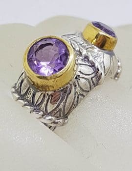 Sterling Silver and Plated Heavy / Chunky Bezel Set Two Amethyst Ring