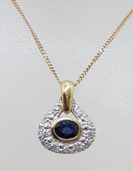 9ct Yellow Gold Natural Sapphire & Diamond Oval Cluster Pendant on Gold Chain