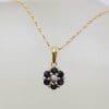 9ct Yellow Gold Natural Sapphire and Diamond Daisy Flower Cluster Pendant on Gold Chain