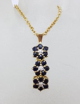 9ct Yellow Gold Natural Sapphire & Diamond Three Daisy Flower Drop Pendant on Gold Chain