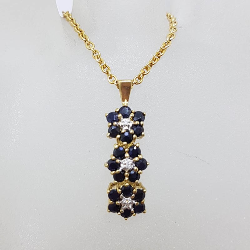 9ct Yellow Gold Natural Sapphire & Diamond Three Daisy Flower Drop Pendant on Gold Chain