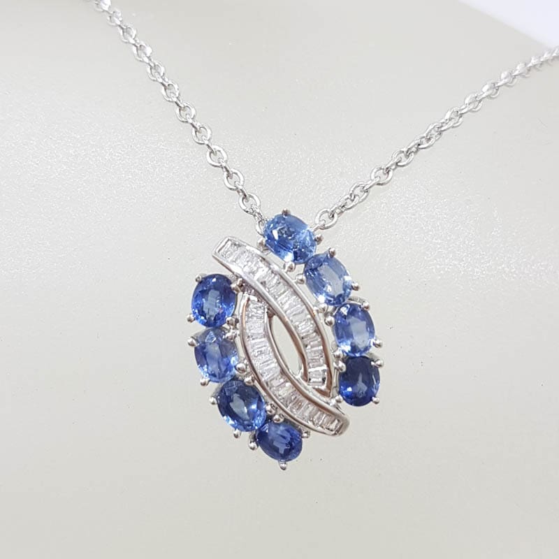 9ct White Gold Natural Sapphire and Diamond Cluster Pendant on 9ct Gold Chain