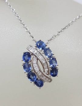 9ct White Gold Natural Sapphire and Diamond Cluster Pendant on 9ct Gold Chain