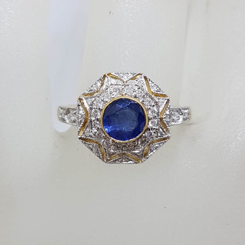 9ct Yellow Gold Natural Sapphire with Diamonds Octagonal Cluster Ring