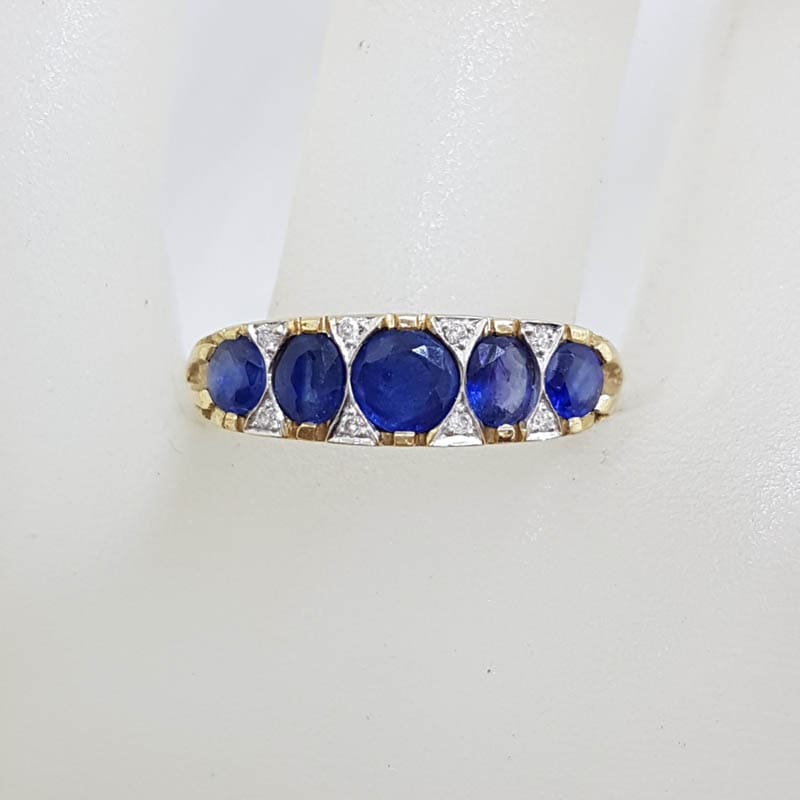 * SOLD * 9ct Yellow Gold Bridge Set Ring with 5 Natural Blue Sapphires and 8 Diamonds - Filigree Sides