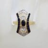 * SOLD * 9ct Yellow Gold Natural Sapphire & Diamond Long Ornate Ring - Art Deco Style