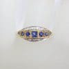 9ct Yellow Gold Ring Square and Round Natural Blue Sapphires & Diamonds - Art Deco Style Bridge Setting