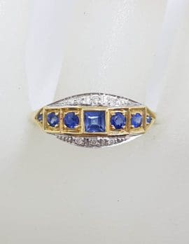 9ct Yellow Gold Ring Square and Round Natural Blue Sapphires & Diamonds - Art Deco Style Bridge Setting