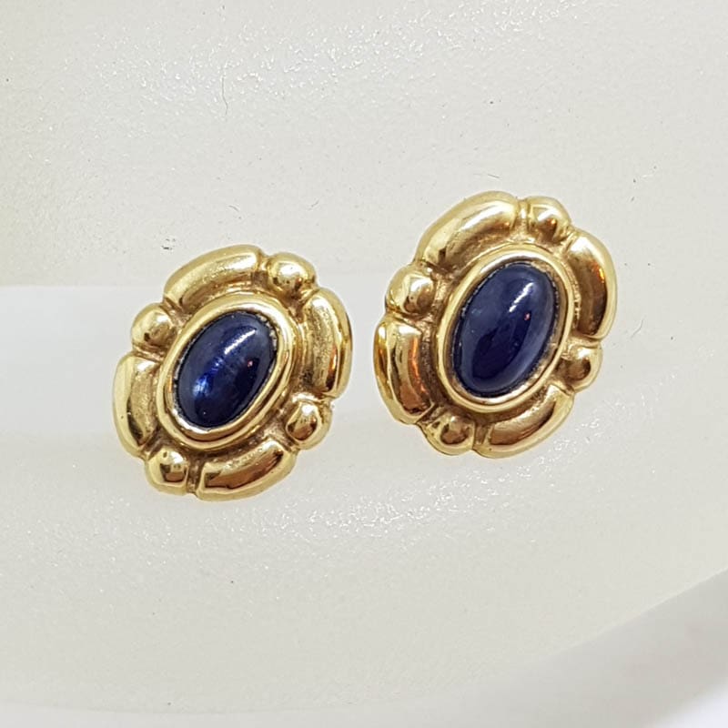 9ct Yellow Gold Cabochon Cut Sapphire Oval Studs / Earrings - Antique / Vintage