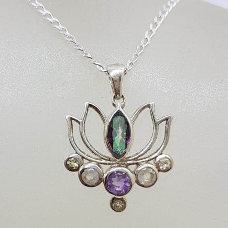 Sterling Silver Ornate Multi-Coloured Gemstone Lotus Pendant on Silver Chain - Mystic Quartz / Mystic Topaz, Amethyst, Citrine and Moonstone
