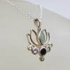 Sterling Silver Ornate Multi-Coloured Gemstone Lotus Pendant on Silver Chain - Chalcedony, Amethyst, Peridot and Onyx