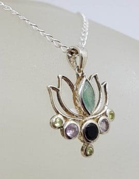 Sterling Silver Ornate Multi-Coloured Gemstone Lotus Pendant on Silver Chain - Chalcedony, Amethyst, Peridot and Onyx