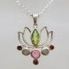 Sterling Silver Ornate Multi-Coloured Gemstone Lotus Pendant on Silver Chain - Peridot, Ruby, Labradorite and Garnet