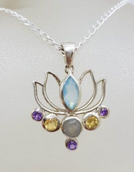 Sterling Silver Ornate Multi-Coloured Gemstone Lotus Pendant on Silver Chain - Chalcedony, Amethyst, Labradorite and Citrine