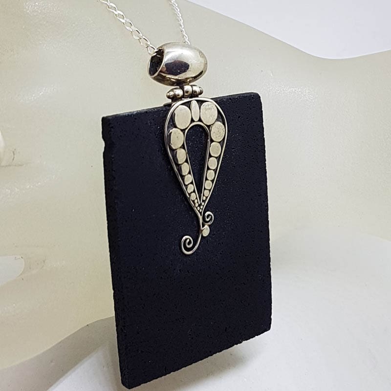Sterling Silver Large Rectangular Black Wood with Ornate Design Pendant on Silver Chain