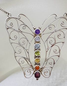 Sterling Silver Large Chakra Butterfly Ornate Filigree Necklace / Chain with Multi-Coloured Natural Gemstones