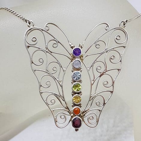 Sterling Silver Large Chakra Butterfly Ornate Filigree Necklace / Chain with Multi-Coloured Natural Gemstones