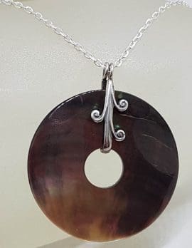 Sterling Silver Large Round Mother of Pearl Disc with Ornate Design Pendant on Silver Chain