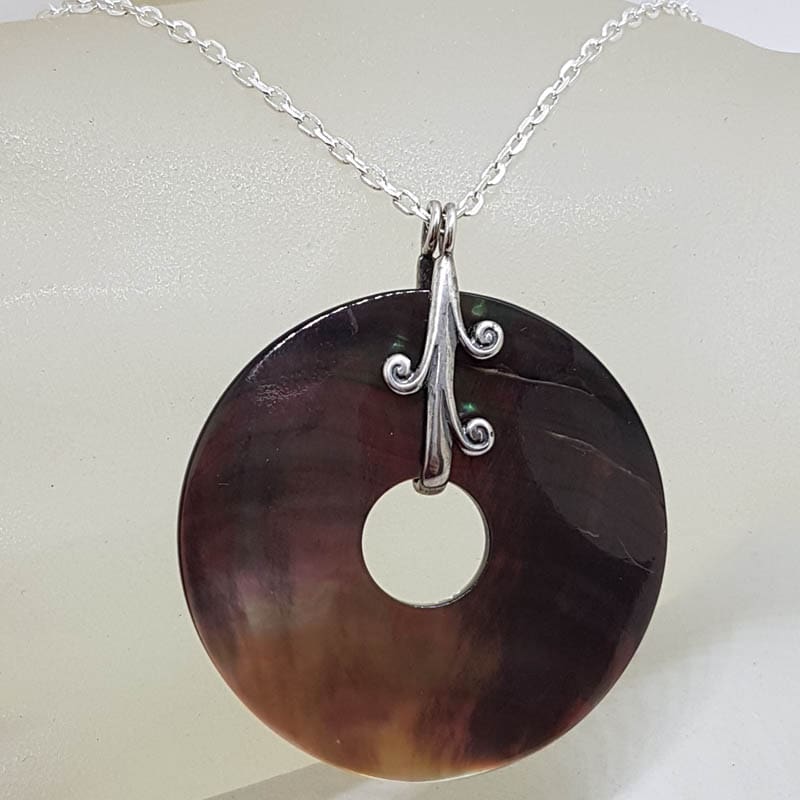 Sterling Silver Large Round Mother of Pearl Disc with Ornate Design Pendant on Silver Chain Sterling Silver Large Round Mother of Pearl Disc with Ornate Design Pendant on Silver Chain