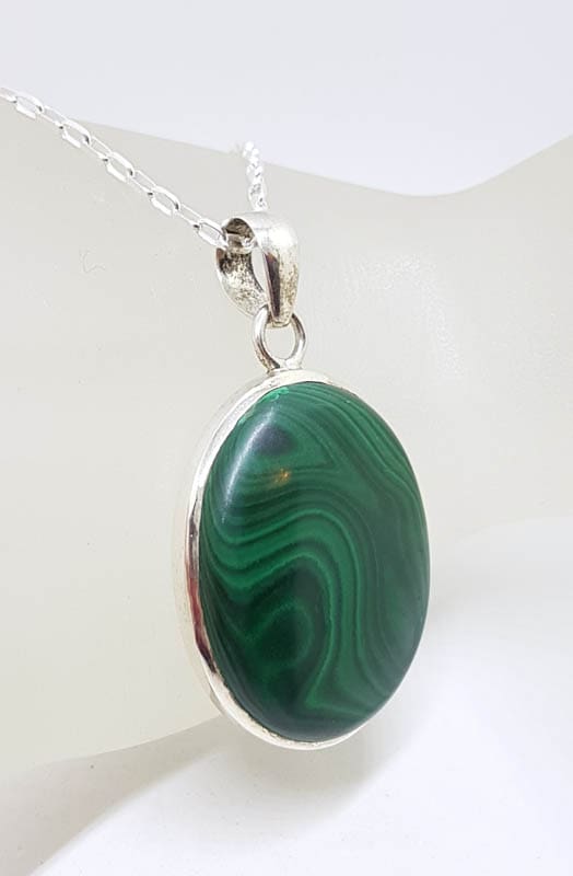 Sterling Silver Malachite Large Oval Bezel Set Pendant on Silver Chain