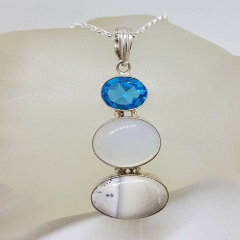 Sterling Silver 3 Oval Stones Pendant on Silver Chain