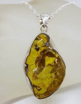 Sterling Silver Amber Large Unusual Freeform Shape Pendant on Silver Chain