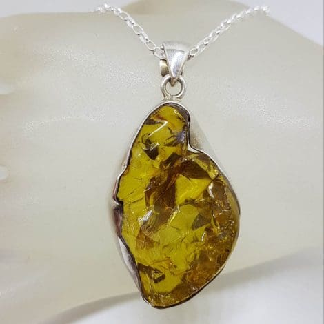 Sterling Silver Amber Large Unusual Freeform Shape Pendant on Silver Chain