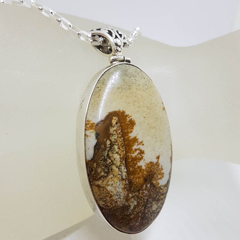 Sterling Silver Landscape Jasper Large Oval Bezel Set Pendant on Silver Chain Sterling Silver Landscape Jasper Large Oval Bezel Set Pendant on Silver Chain