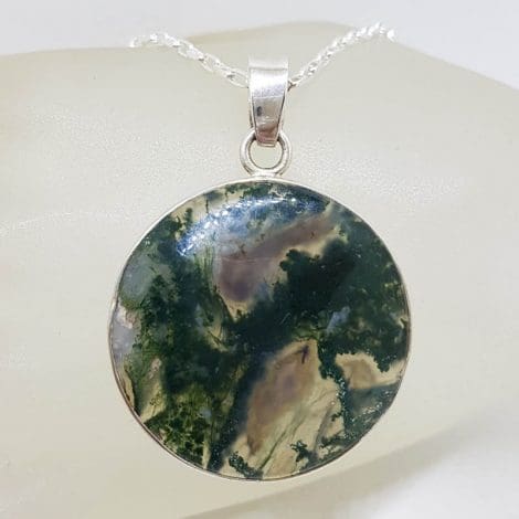 Sterling Silver Moss Agate Large Round Bezel Set Pendant on Silver Chain
