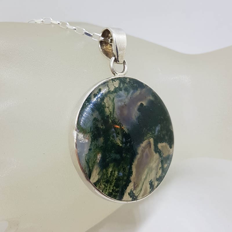 Sterling Silver Moss Agate Large Round Bezel Set Pendant on Silver Chain