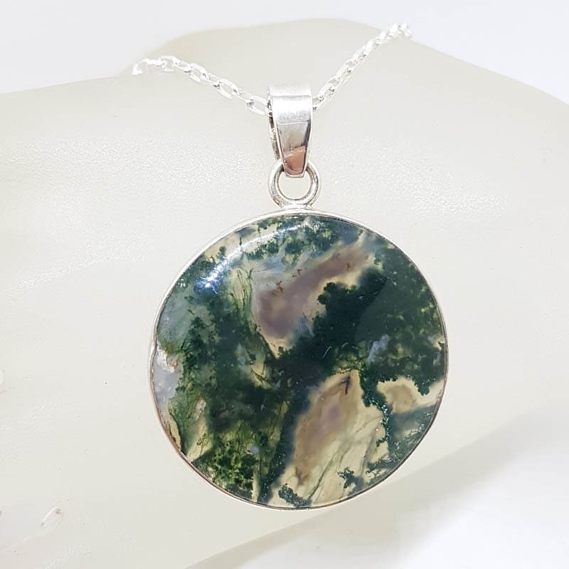 Sterling Silver Moss Agate Large Round Bezel Set Pendant on Silver Chain