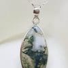 Sterling Silver Moss Agate Large Elongated Bezel Set Pendant on Silver Chain