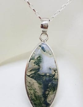 Sterling Silver Moss Agate Large Elongated Bezel Set Pendant on Silver Chain