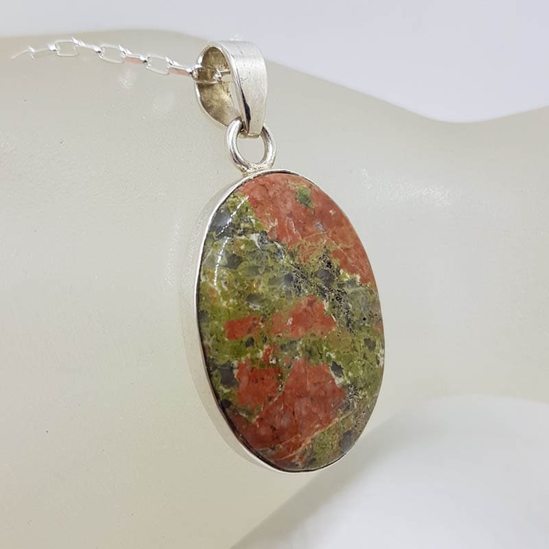 Sterling Silver Unakite Jasper Large Oval Bezel Set Pendant on Silver Chain Sterling Silver Unakite Jasper Large Oval Bezel Set Pendant on Silver Chain