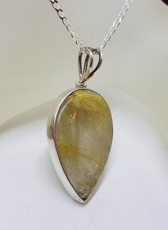 Sterling Silver Rutilated Quartz Large Teardrop / Pear Shape Bezel Set Pendant on Silver Chain