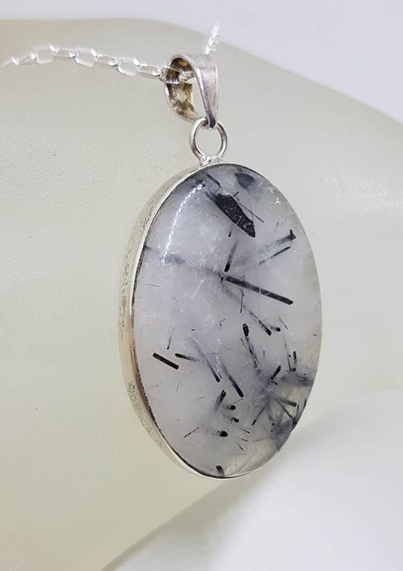 Sterling Silver Tourmalinated / Tourmaline Quartz Large Oval Bezel Set Pendant on Silver Chain Sterling Silver Tourmalinated / Tourmaline Quartz Large Oval Bezel Set Pendant on Silver Chain