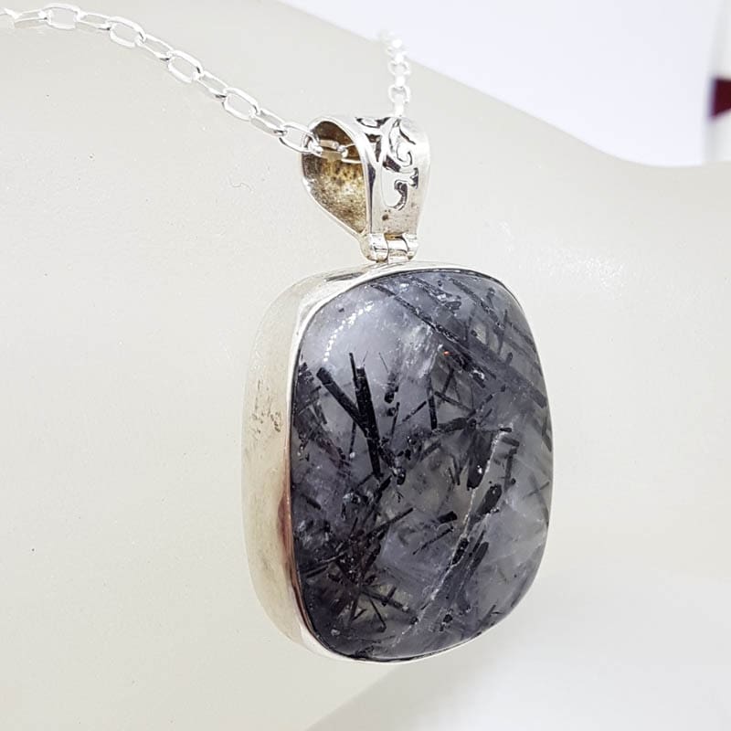Sterling Silver Tourmalinated / Tourmaline Quartz Large Rectangular Bezel Set Pendant on Silver Chain Sterling Silver Tourmalinated / Tourmaline Quartz Large Rectangular Bezel Set Pendant on Silver Chain