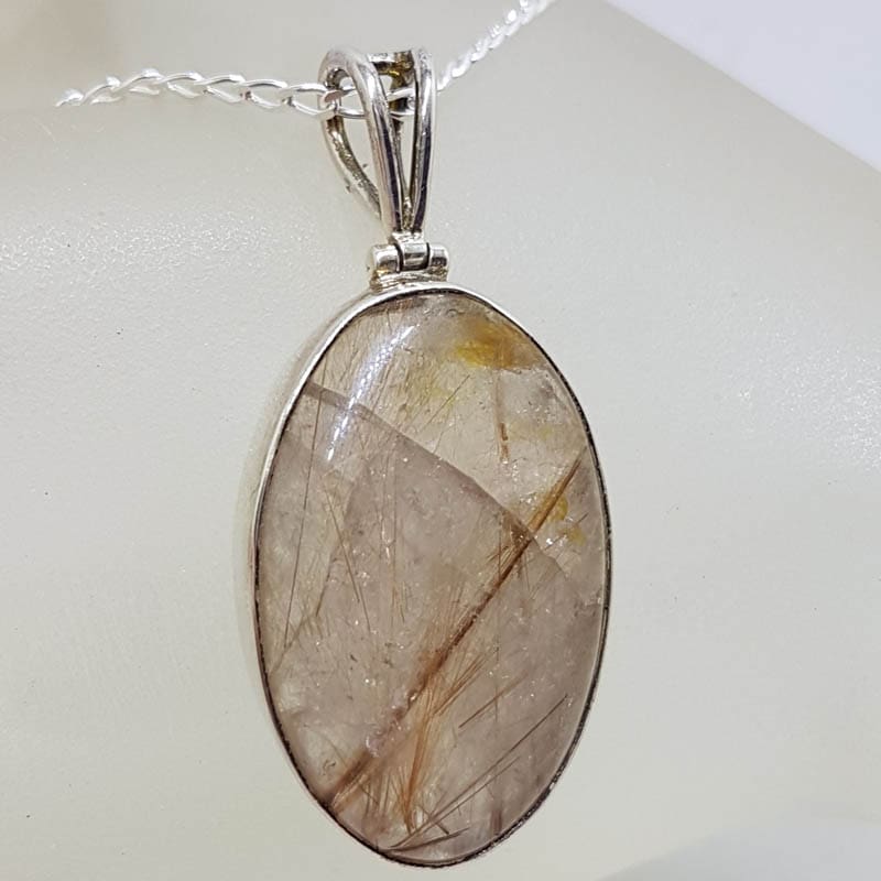 Sterling Silver Rutilated Quartz Large Oval Bezel Set Pendant on Silver Chain