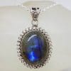 Sterling Silver Labradorite Large Oval with Ornate Twist Rim Pendant on Silver Chain