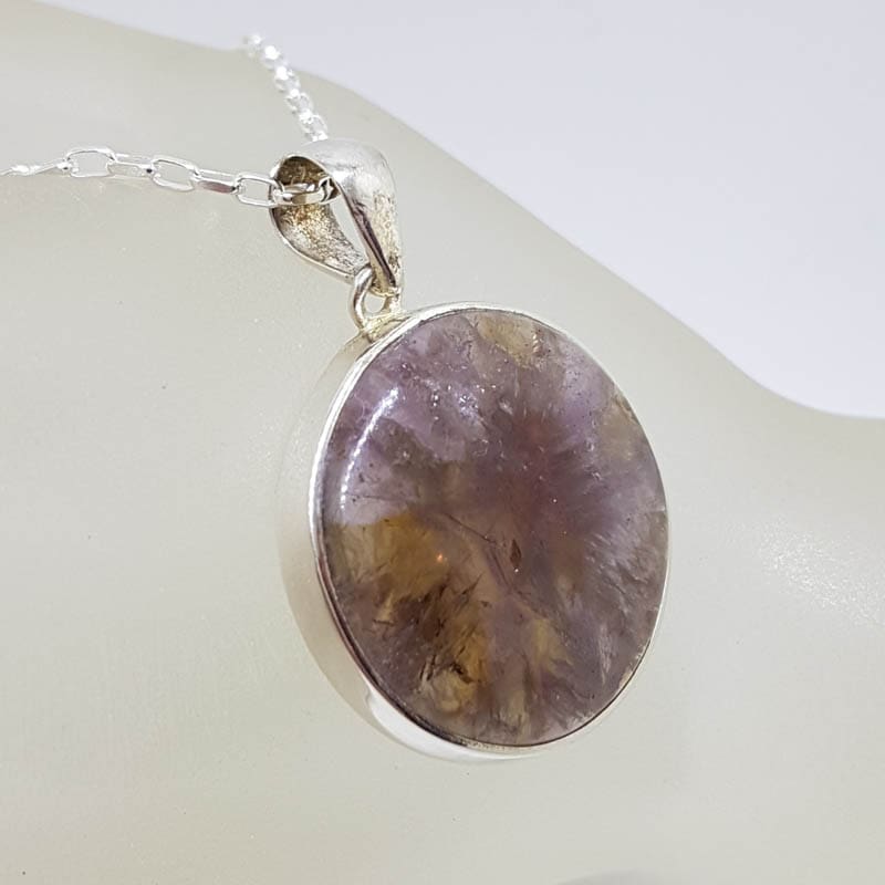 Sterling Silver Large Round Super Seven Gemstone Bezel Set Pendant on Silver Chain Sterling Silver Large Round Super Seven Gemstone Bezel Set Pendant on Silver Chain