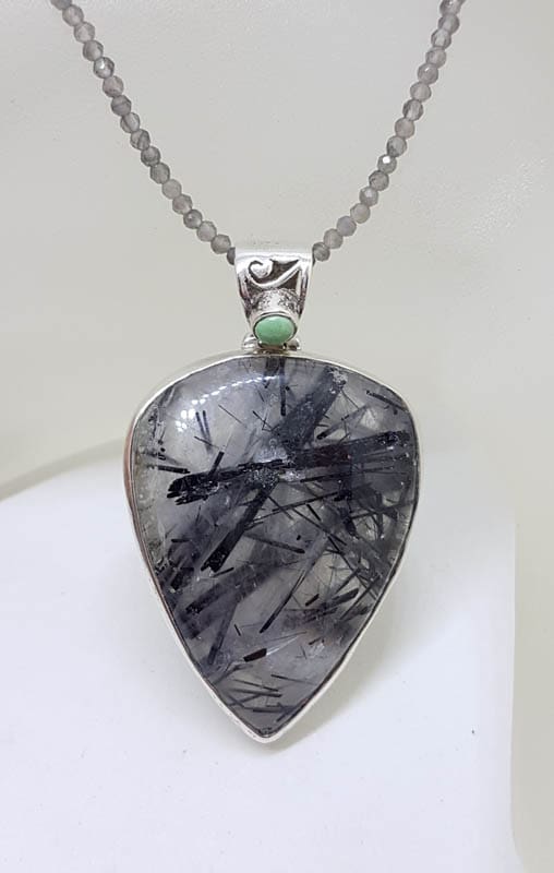 Sterling Silver Large Tourmalinated Quartz with Turquoise Pendant on Tourmaline Bead Chain