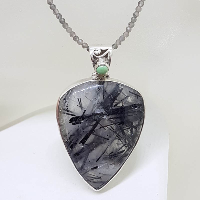 Sterling Silver Large Tourmalinated Quartz with Turquoise Pendant on Tourmaline Bead Chain