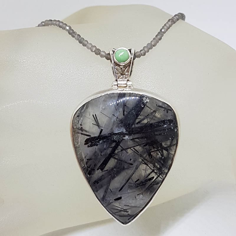 Sterling Silver Large Tourmalinated Quartz with Turquoise Pendant on Tourmaline Bead Chain