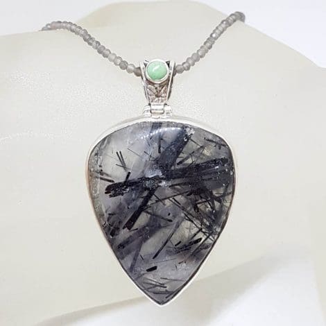 Sterling Silver Large Tourmalinated Quartz with Turquoise Pendant on Tourmaline Bead Chain