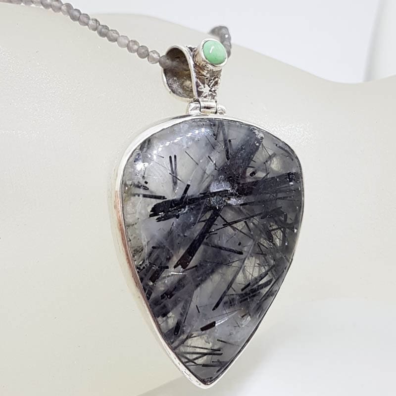 Sterling Silver Large Tourmalinated Quartz with Turquoise Pendant on Tourmaline Bead Chain