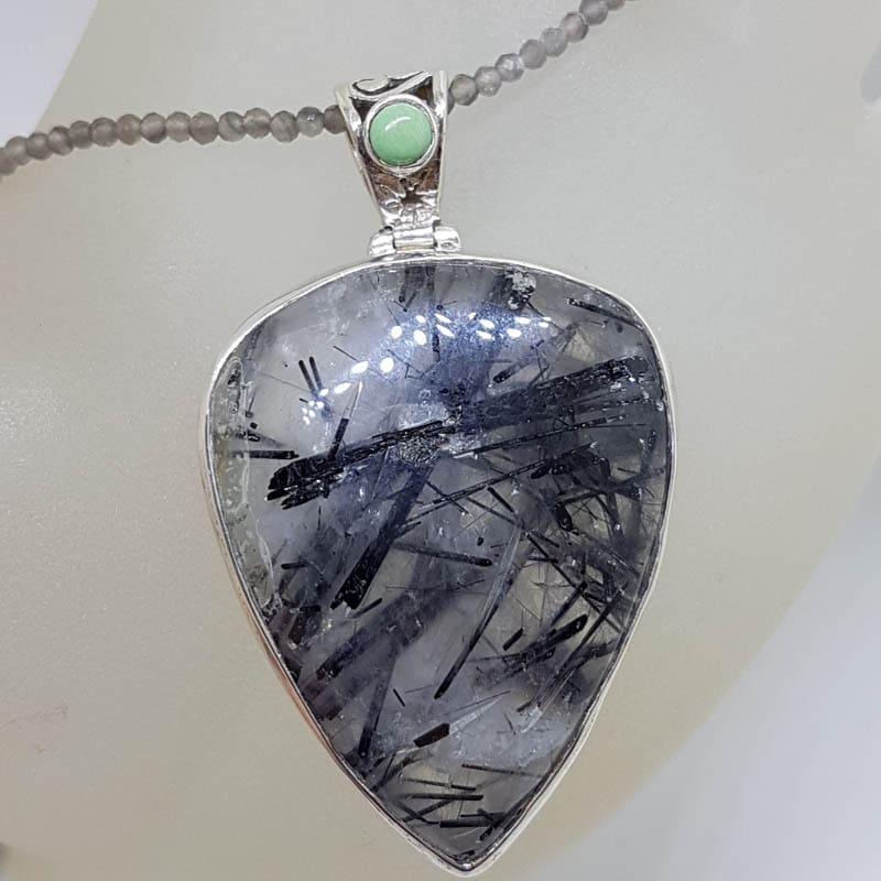 Sterling Silver Large Tourmalinated Quartz with Turquoise Pendant on Tourmaline Bead Chain