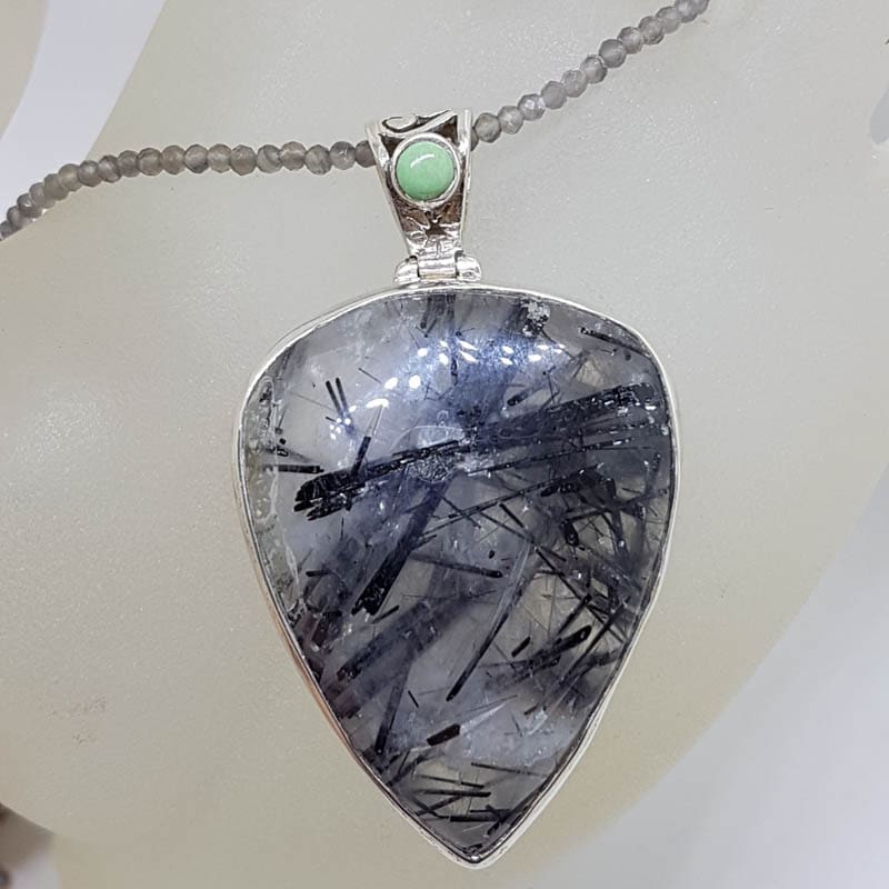 Sterling Silver Large Tourmalinated Quartz with Turquoise Pendant on Tourmaline Bead Chain