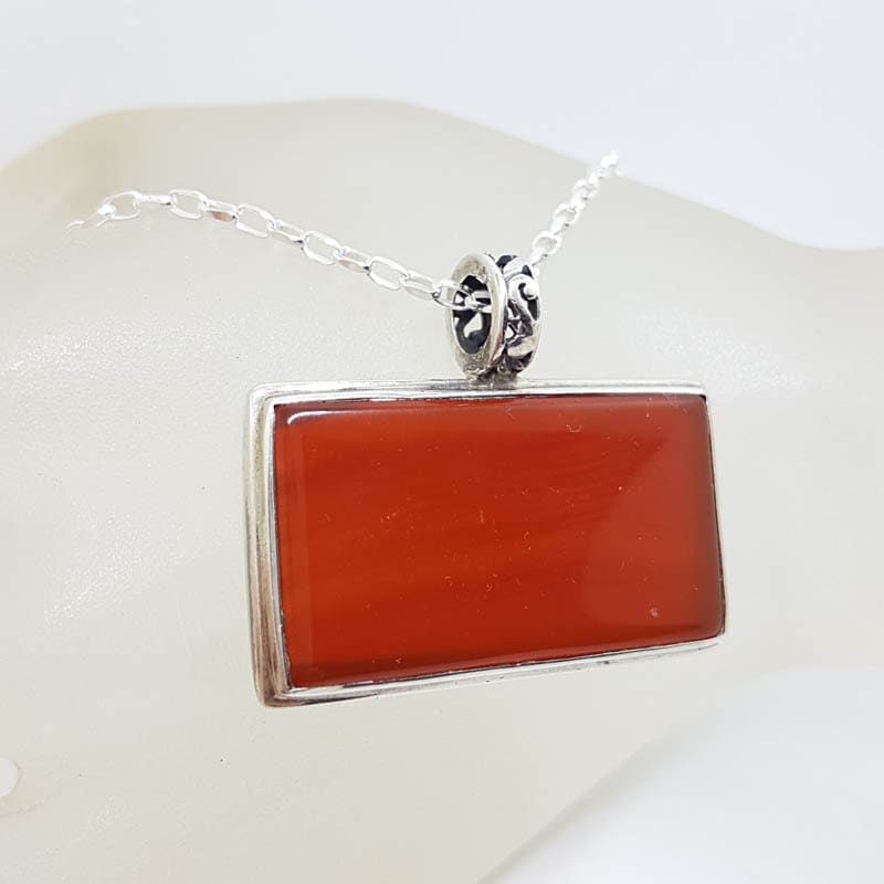 Sterling Silver Large Carnelian Rectangular with Ornate Top Pendant on Silver Chain Sterling Silver Large Carnelian Rectangular with Ornate Top Pendant on Silver Chain