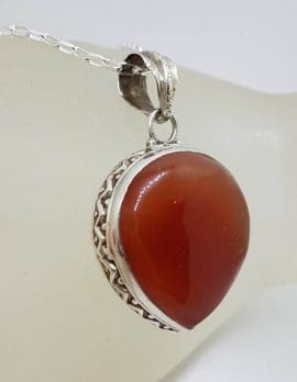 Sterling Silver Carnelian Triangular Teardrop / Pear Shape with Ornate Sides Pendant on Silver Chain